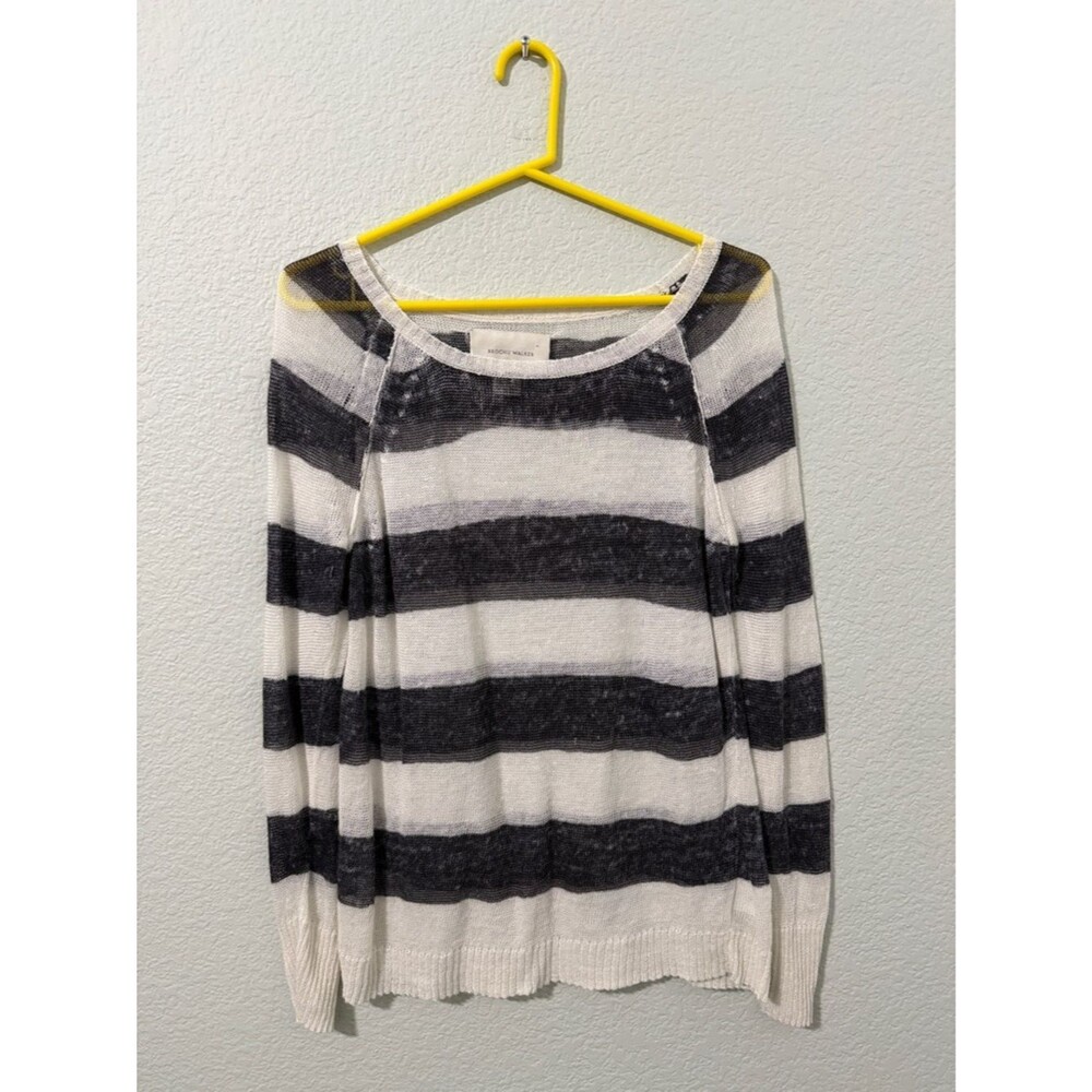 Brochu Walker Striped Lightweight Linen Crewneck Sweater - White & Black